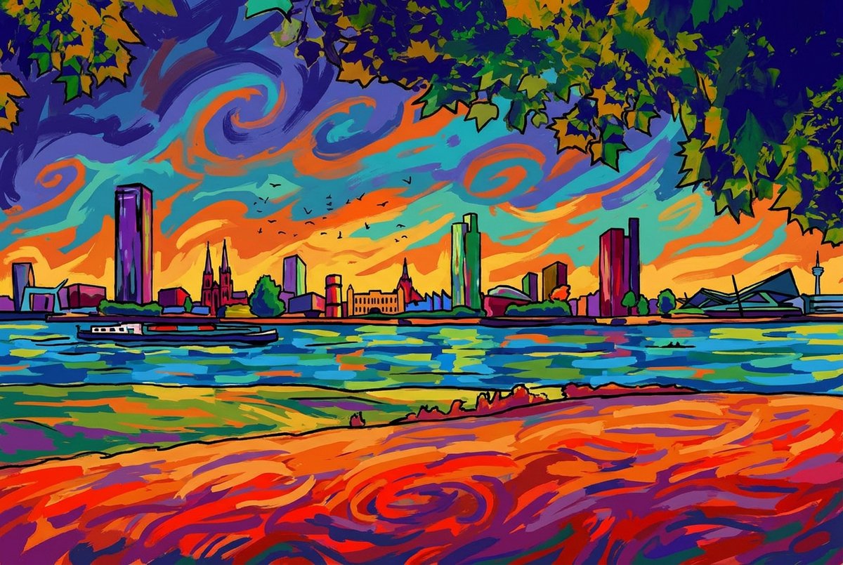 Atelier Iconique Skyline Tilburg Fauvist Color Painting Skylines - Print op Canvas 90x60 cm - Atelier Iconique gedurfde, levendige en contrastrijke fauvistische kleuren