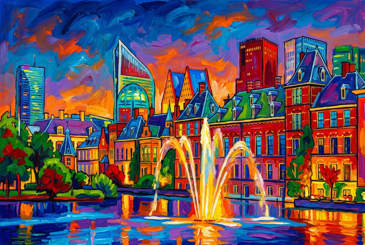 Atelier Iconique Skyline Den Haag Fauvist Color Painting Skylines - Print op Canvas 90x60 cm - Atelier Iconique gedurfde, levendige en contrastrijke fauvistische kleuren