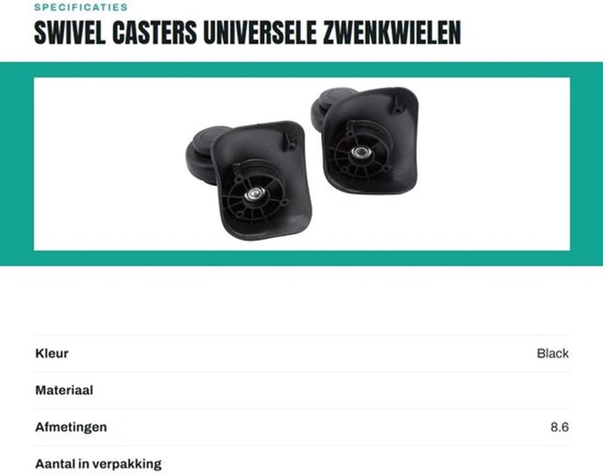 Zwenkwielen Set van 2 - Zwenkwielen met Rem - Meubelwiel - Zwenkwielen voor Bureaustoel - Zwenkwielen voor Buiten - 360 Graden Rotatie - Rolwielen