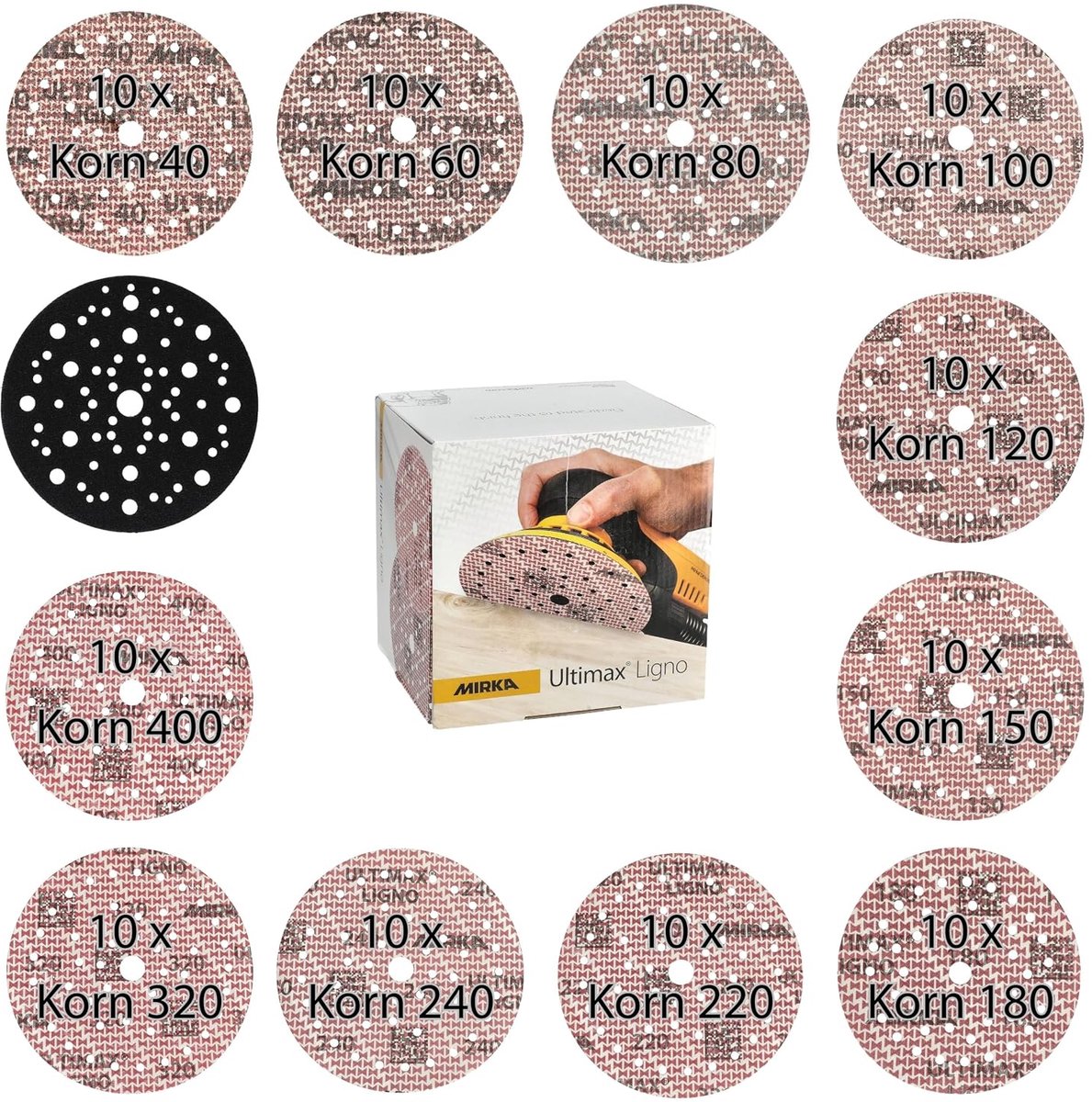 Mirka Ultimax Ligno klittenbandschuurschijven Ø150 mm mixpakket 91 stuks + Pad Saver