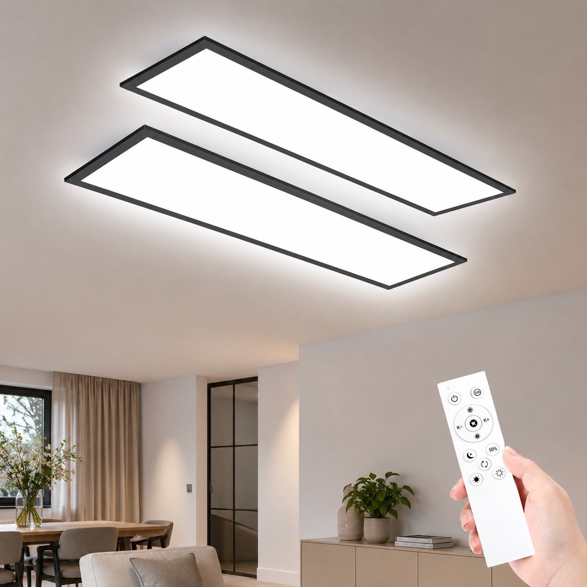 Oraymin Set van 2 LED Plafondlampen Zwart 120x30 cm - 40W 4400LM - Dimbaar - 3000-6500K - Afstandsbediening