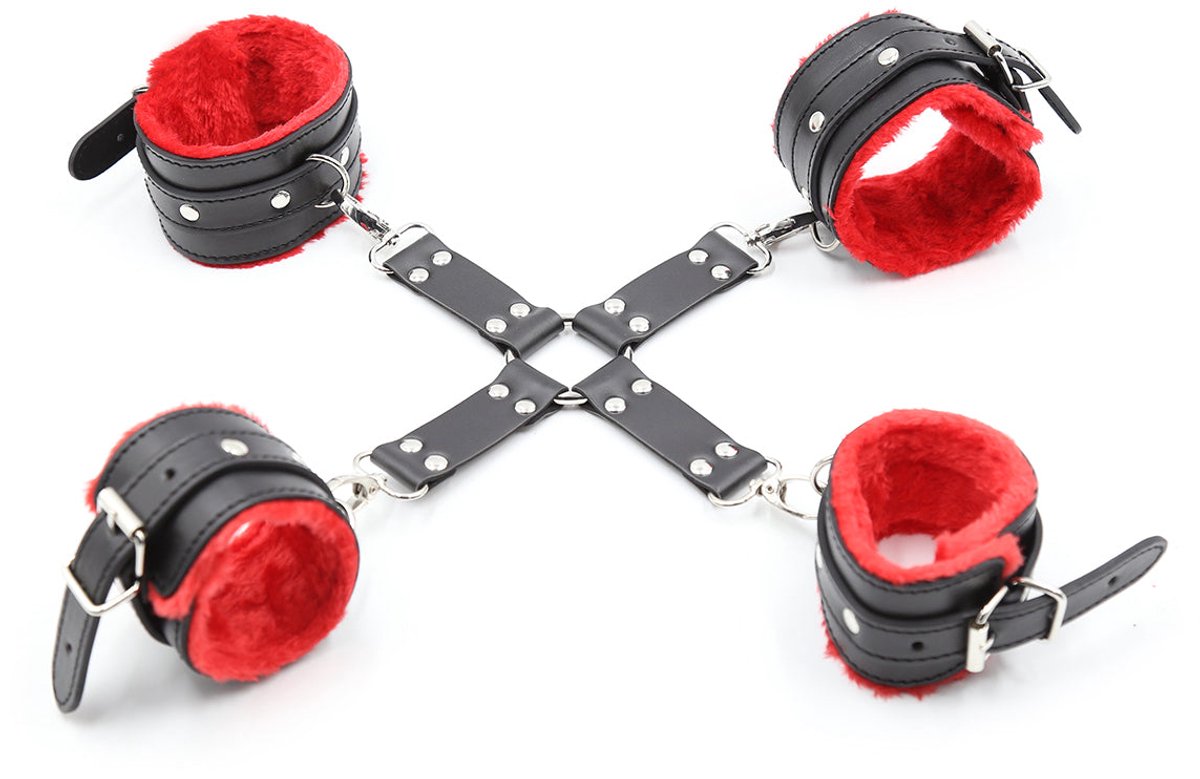 Fixxx - Hogtie Bondageset met Pluche Gevoerde Boeien - Zwart/Rood