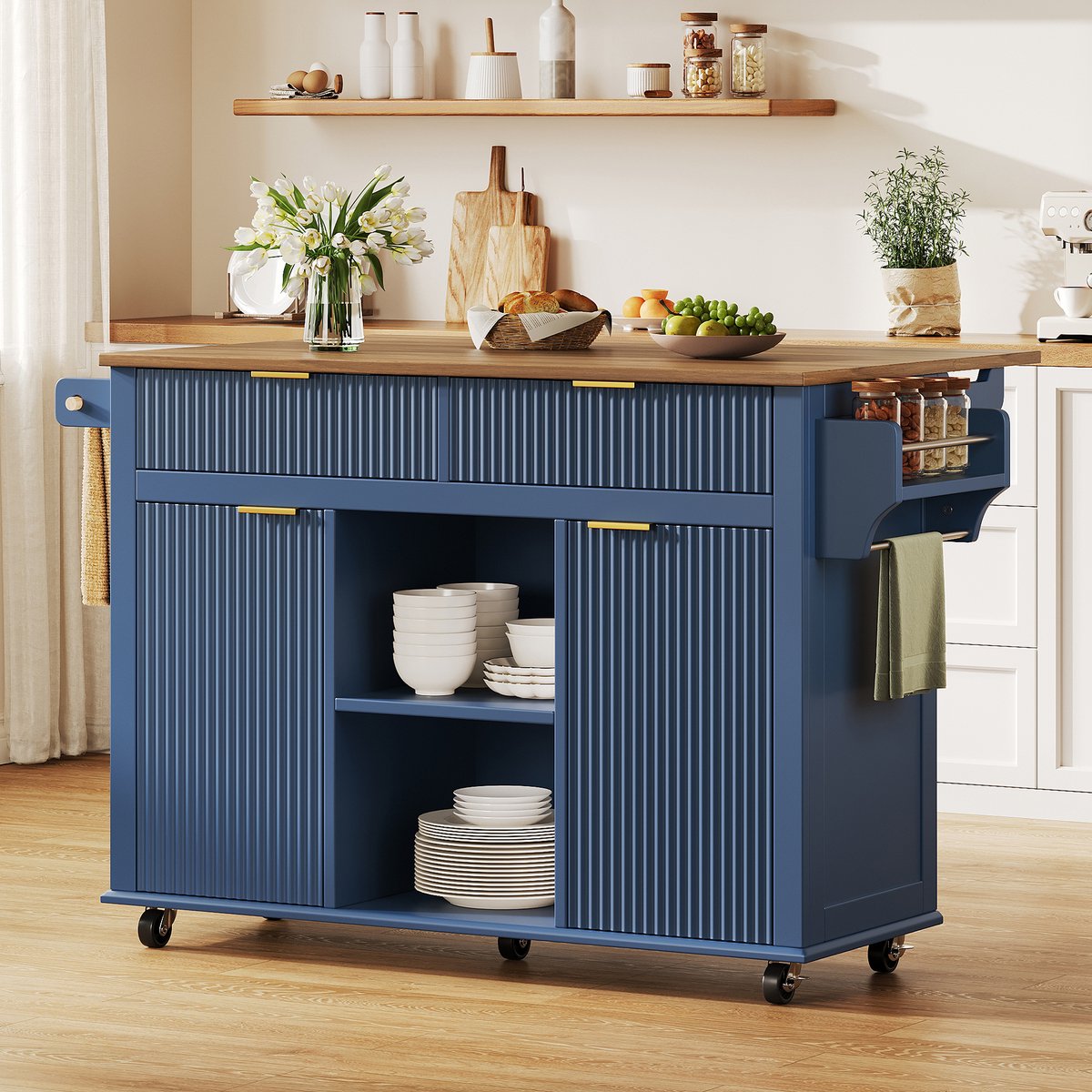 Keukentrolley - met mobiel ontwerp en inklapbaar werkblad - blauw en bruin - afmetingen 143 x 45 x 89,5 cm - voor een praktische keuken