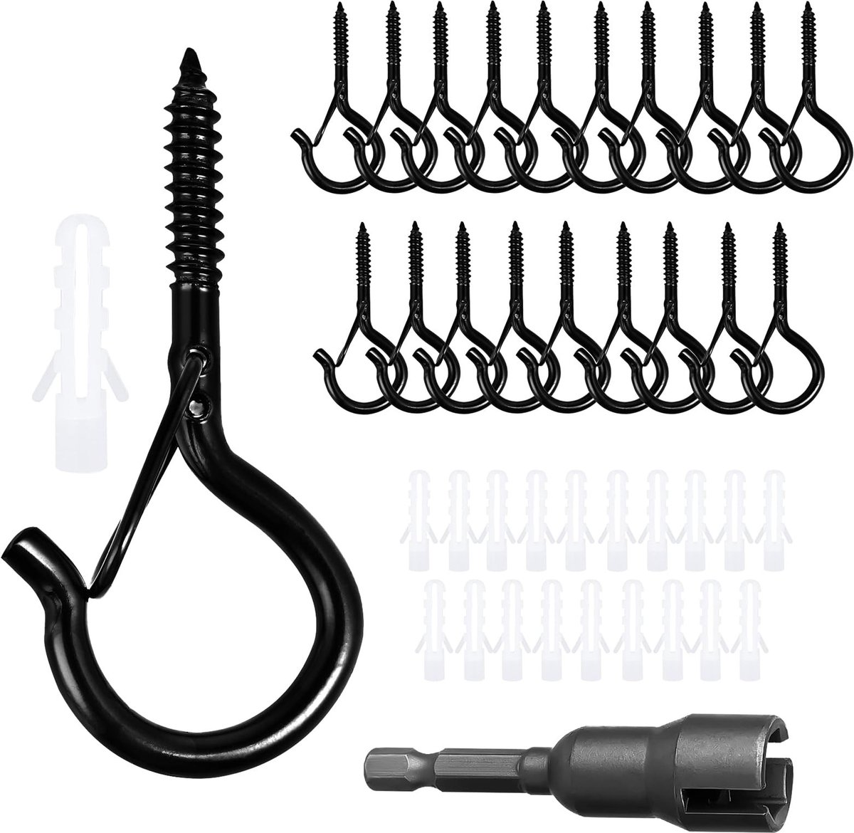 Solidchoice - Set van 20 Zwarte Schroefhaken met Veiligheidsbuckle