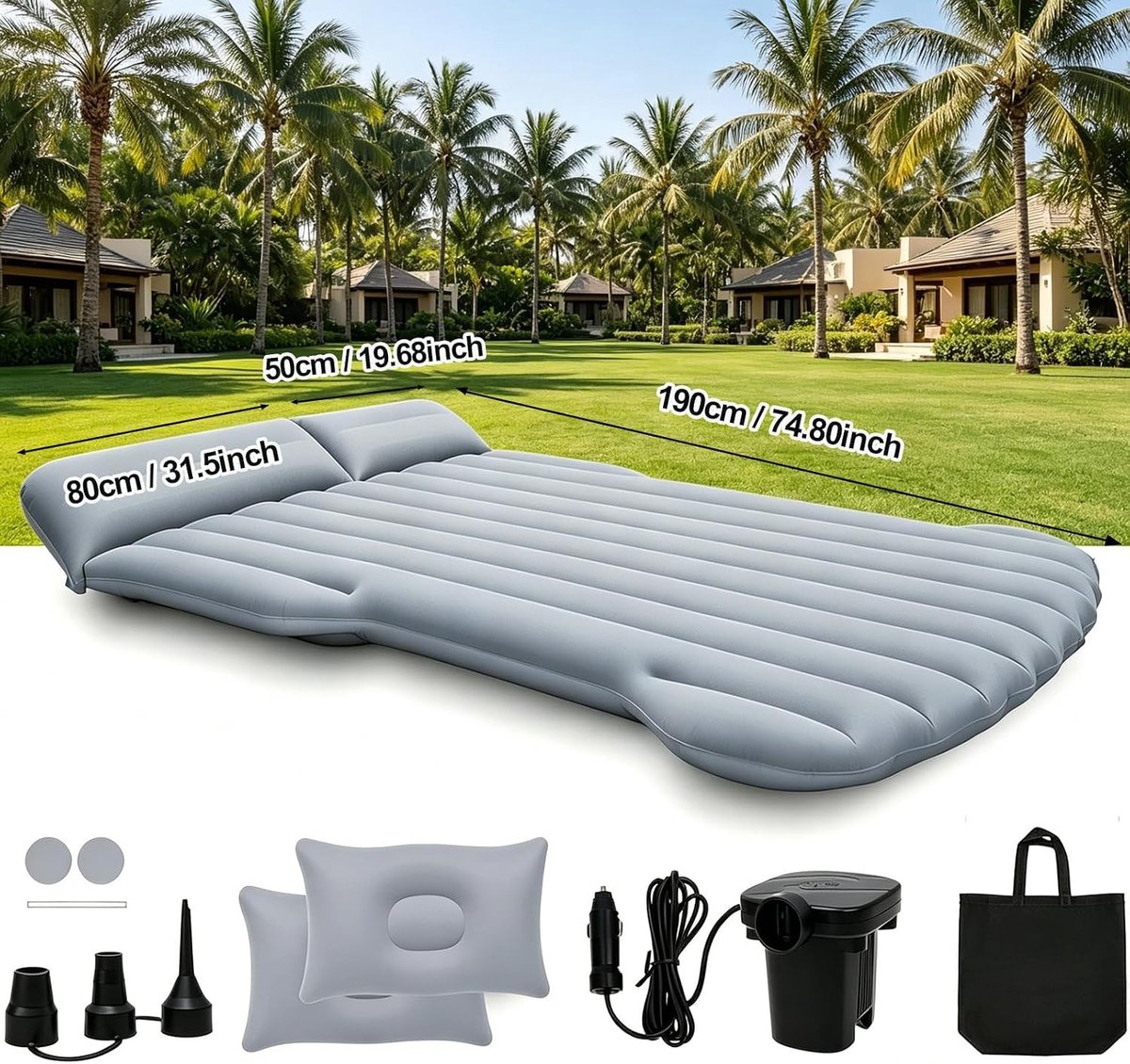 Autoluchtbed - Grijs - 190 cm x 130 cm - Opvouwbaar met Pomp en Kussens - Voor Camping en Auto