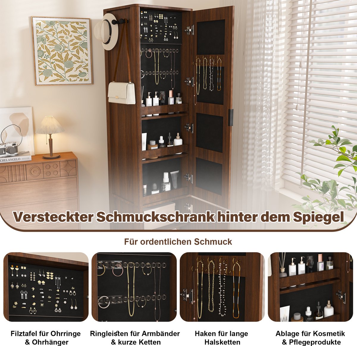 Spiegelschrank 360 Draaibaar - 50 X 50 X 170 Cm - Mdf - Walnoot - Sieradenopbergkast Met Volledige Spiegel En Haken