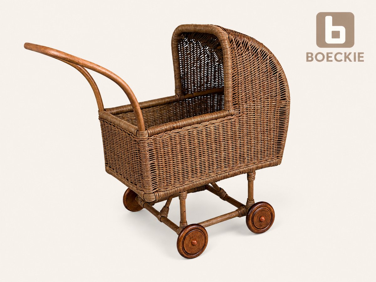 BOECKIE Poppenwagen – Retro Rieten Poppenwagen – Rotan & Hout – Donkerbruin – 70 x 34 x 67 cm