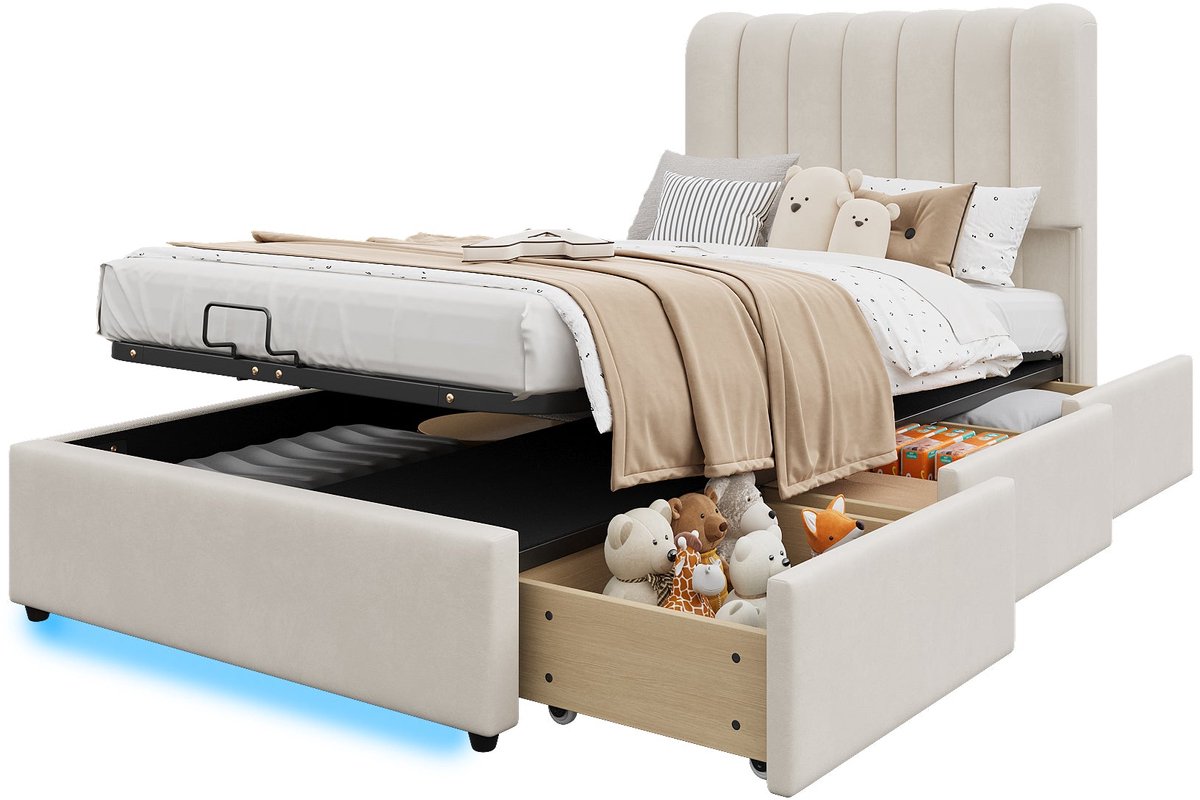 Merax Kinderbed 90x200 cm - Gestoffeerd Bed Van Fluweel - Hydraulisch Bed Met Opbergruimte - 3 Laden - LED Verlichting - Beige