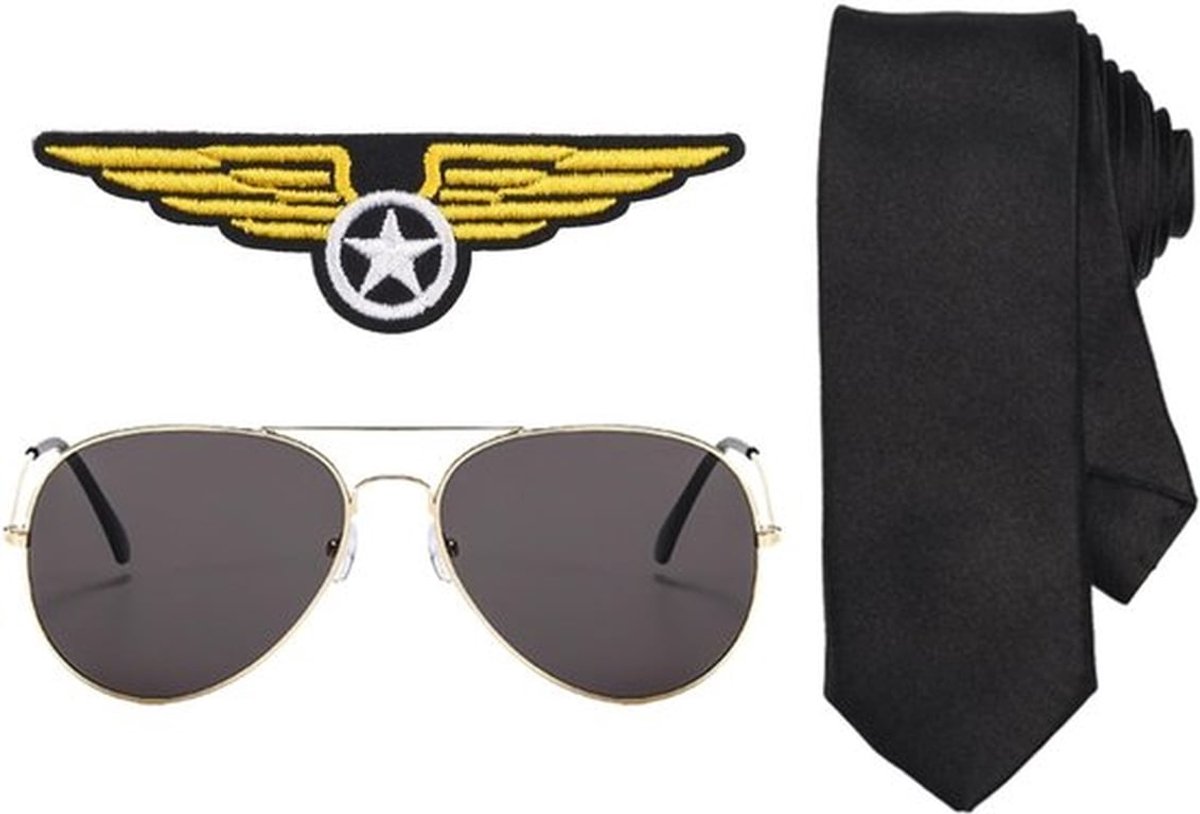 Pilotenaccessoires 3 Stuks - Gouden Montuur Zonnebril - Piloot Badge - Epaulette - Verkleedaccessoire - Cosplay Kostuum - Kostuumaccessoires