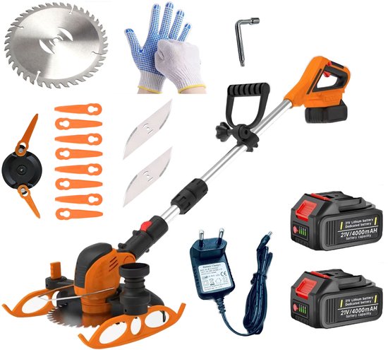 Draadloze Grastrimmer - Elektrische Bosmaaier en Kantenmaaier - 3 Soorten Messen - Verstelbare Maaikop 0-90° - Telescopische Steel 99,8-129,8 cm - 2x 3000mAh Accu - Voor Gazon, Randen en Tuinonderhoud — afbeelding 2
