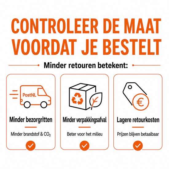 Infographic met 'Controleer de maat voordat je bestelt'. Drie kolommen met iconen: vrachtwagen, doos met recycle-symbool en blad, prijskaartje met euroteken.