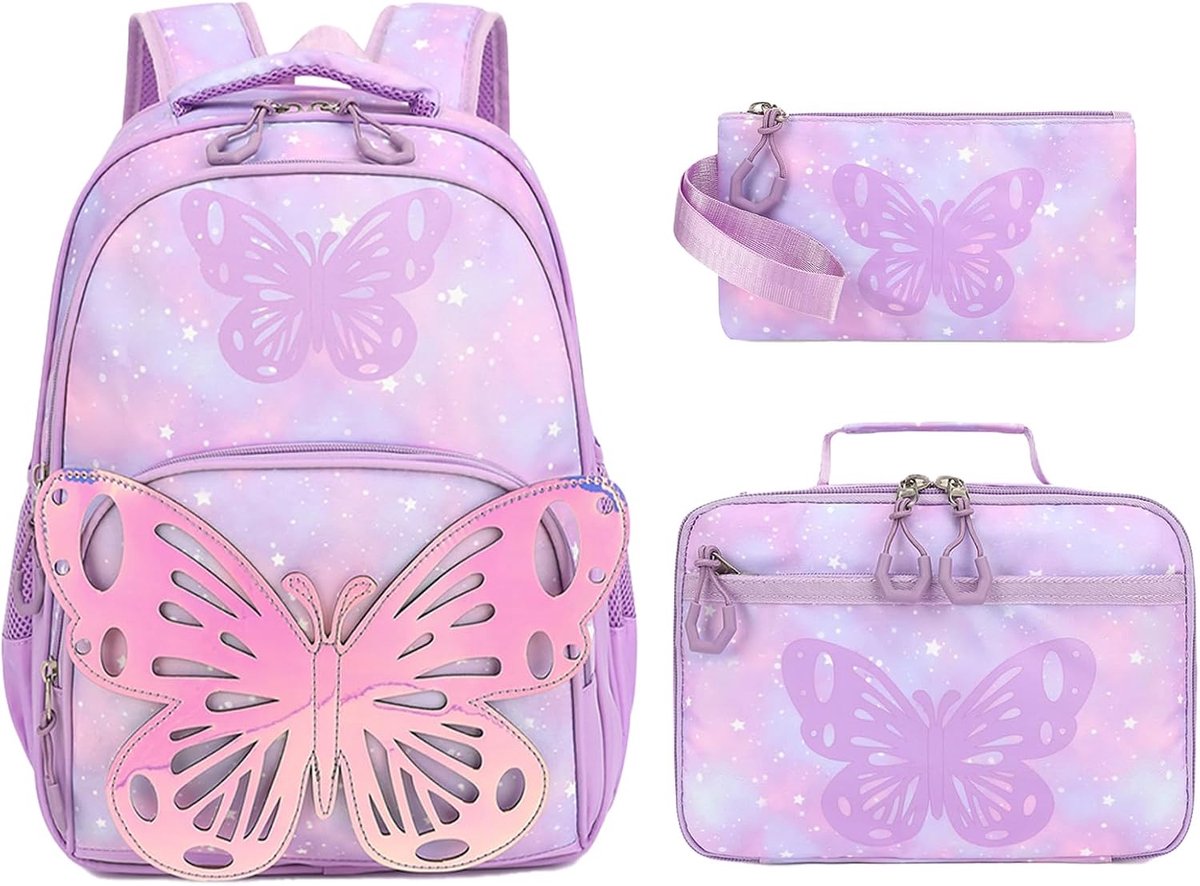 Kinderrugzak - Schooltas voor meisjes - 3-delige set - Schooltas met vlinderprint - Lunchbox - Etui - Schooltas voor kleuters - Lichtgewicht - Voor basisschoolleerlingen - Paars