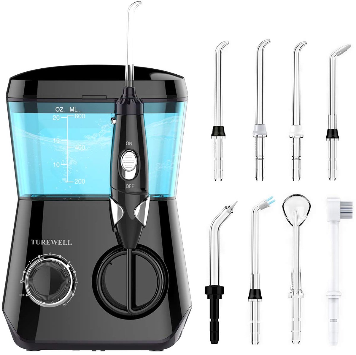 Waterflosser 600 ml – 10 Drukstanden – 8 Opzetstukken – 30–125 PSI – 3 Min Timer – Zwart