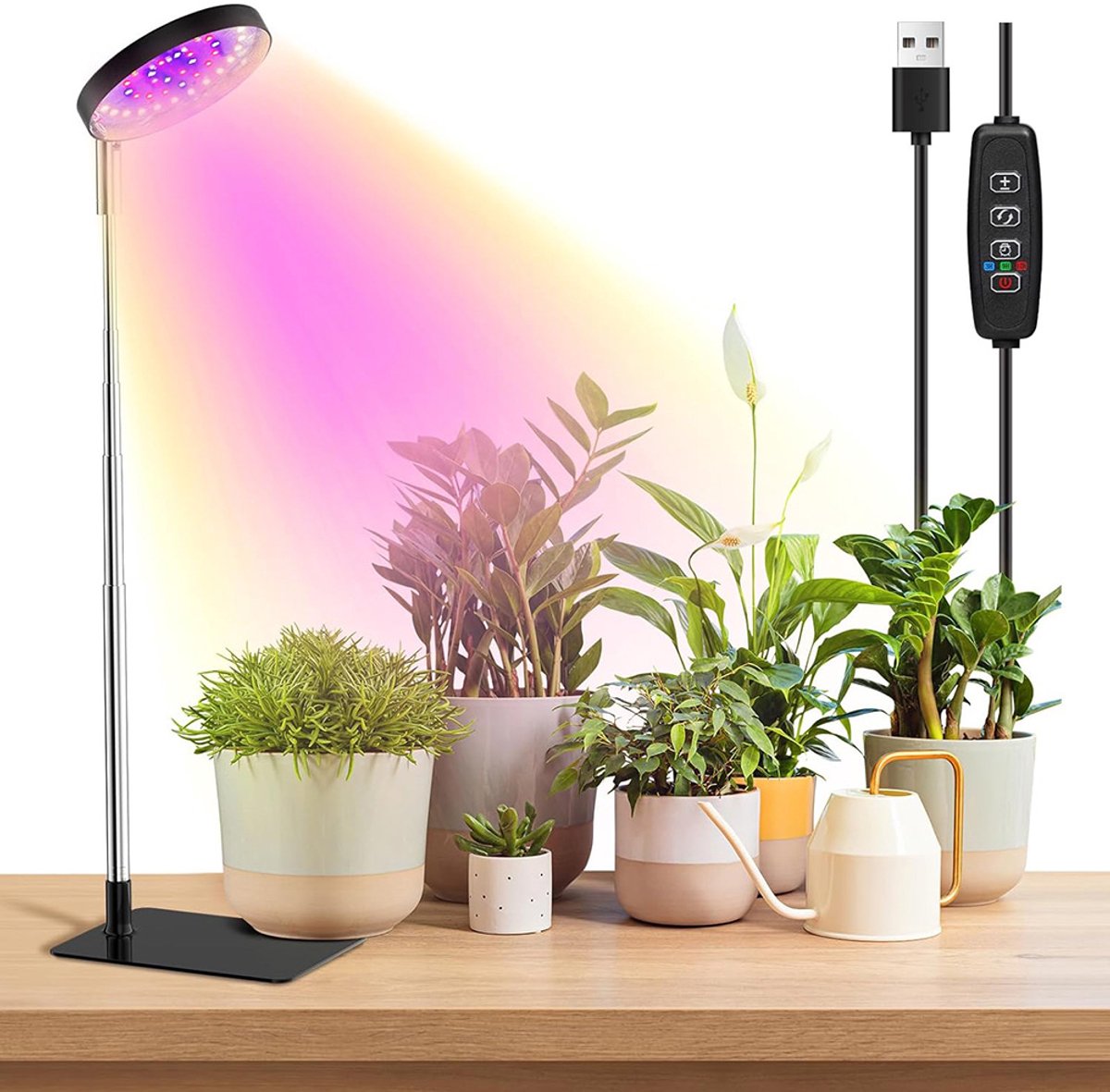 MUPOO LED Groeilamp met Basis - 48 Leds Full Spectrum Kweeklamp met Timer 3/9/12 - Plantenlamp met Hoogte Verstelbare 17-63 cm -growlight voor Kamerplanten, Kruiden, Succulenten en Zaailingen -Zwart