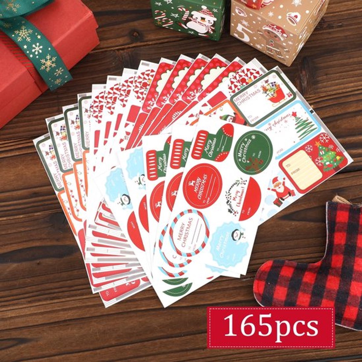 Cadeaulabelstickers 165 Stuks - Zelfklevende Labels - Kerstlabels - Diverse Kleuren - 4 Stijlen - 5,5 x 3,7 cm / 4,4 x 3,5 cm - Cadeaulabels