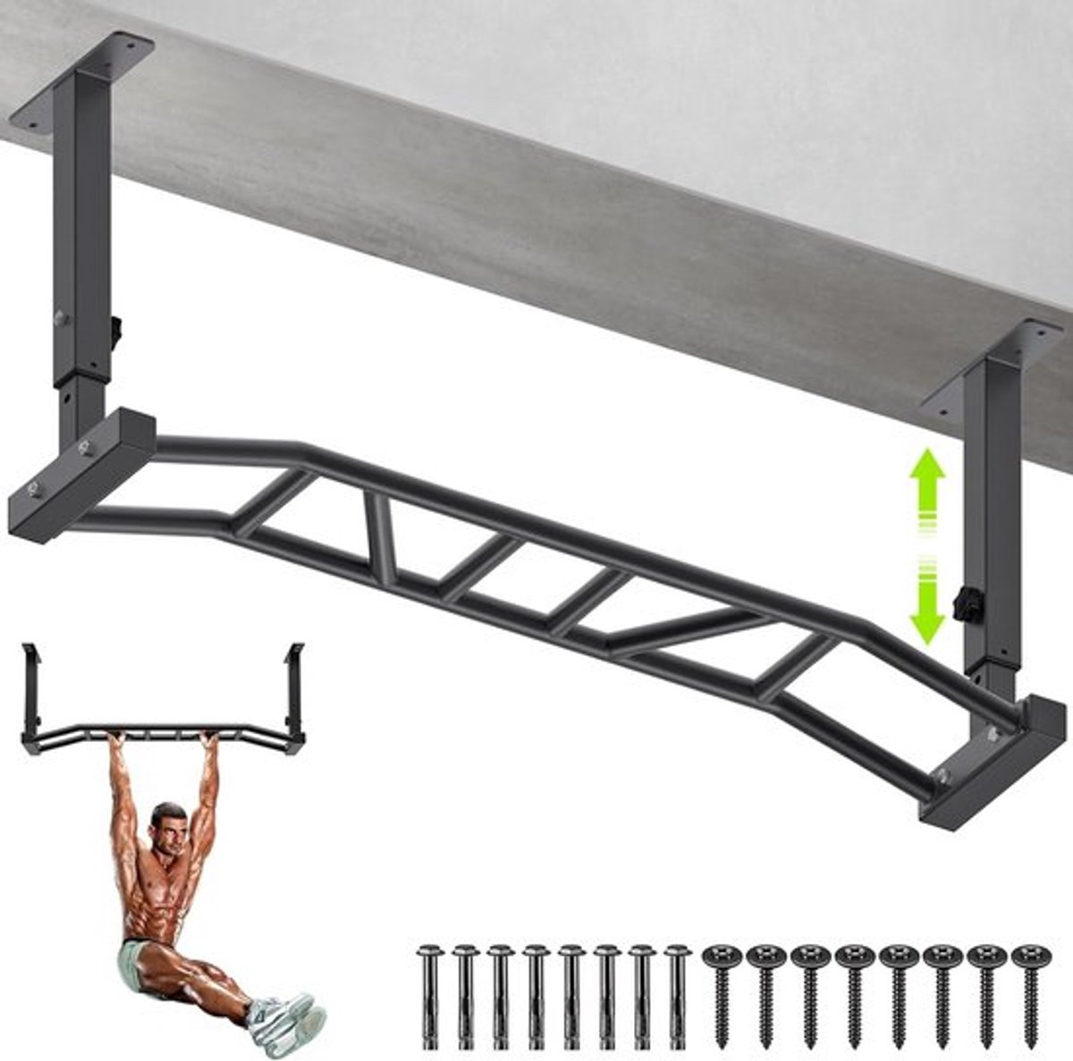 Verstelbare en multifunctionele plafond gemonteerde pull-up bar voor thuisgym met bokszak en weerstandsbanden