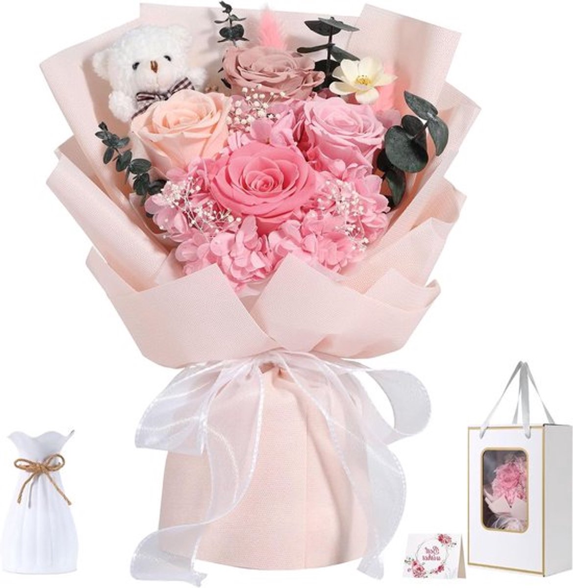 Eeuwige Rozenboeket met knuffelbeer, Bewerkte Bloemen voor Verjaardag, Moederdag en Valentijnsdag Cadeaus voor Vrouwen en Moeders
