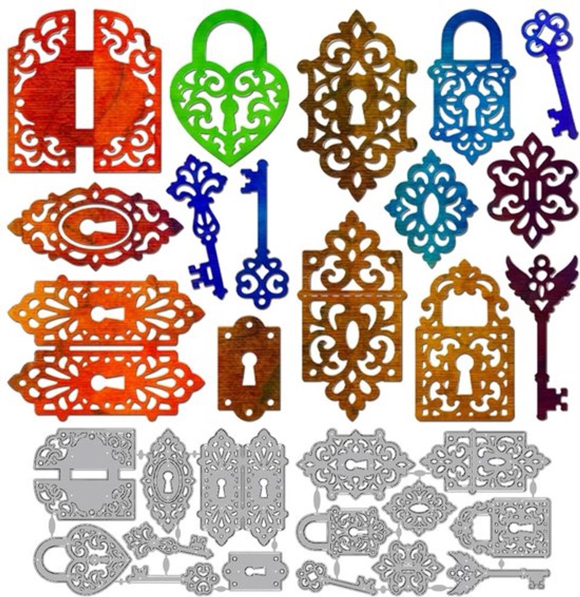 Stansvormen Vintage Sleutel/Slot - Koolstofstaal - 2 Stuks - 110 x 160 mm - Embossjablonen - DIY Kaarten maken - Snijmal
