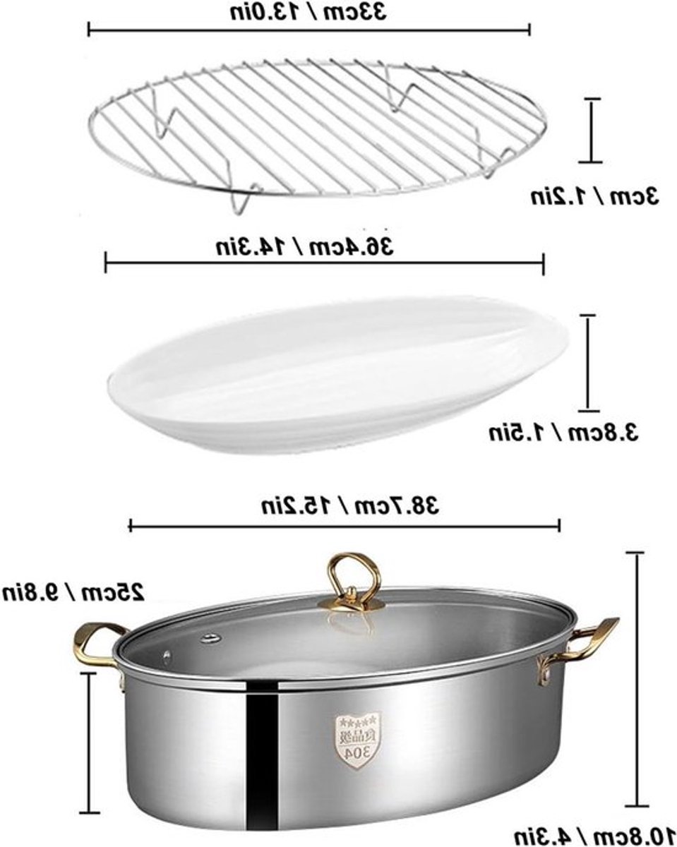 Multifunctionele RVS Visstomer, 15,2 Inch Ovale Kookpan met Rek, Keramische Pan en Glazen Deksel voor Perfect Stomen van Vis en Soepen