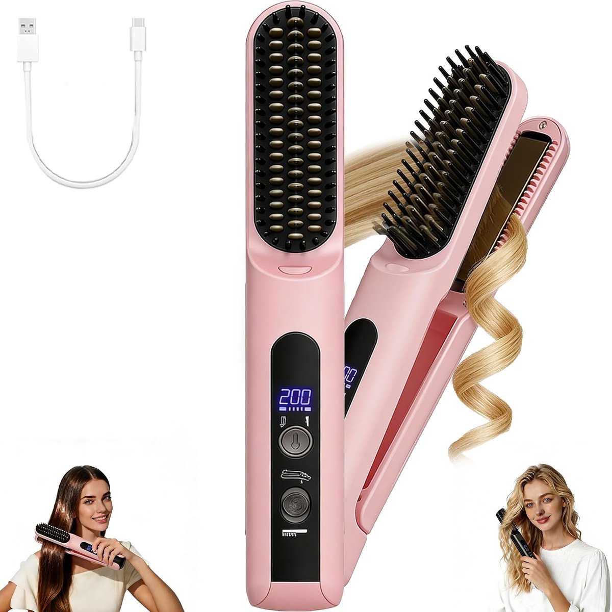 Bobypet - Draadloze Stijltang Borstel - 4 Warmtestanden - 2-in-1 Haarstyler en Krultang - Oplaadbare Reis Stijlkam - Keramische Coating - Draagbaar Design voor Onderweg - Roze