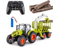 RC Landbouwtractor - Tractor met Houtaanhanger 1:24 - 360° Draaibare Grijparm - 6-Kanaals 2,4GHz Bediening - Licht en Geluid - 500mAh Oplaadbare Accu - Voor Houttransport, Boerderijspel en Buitenspelen