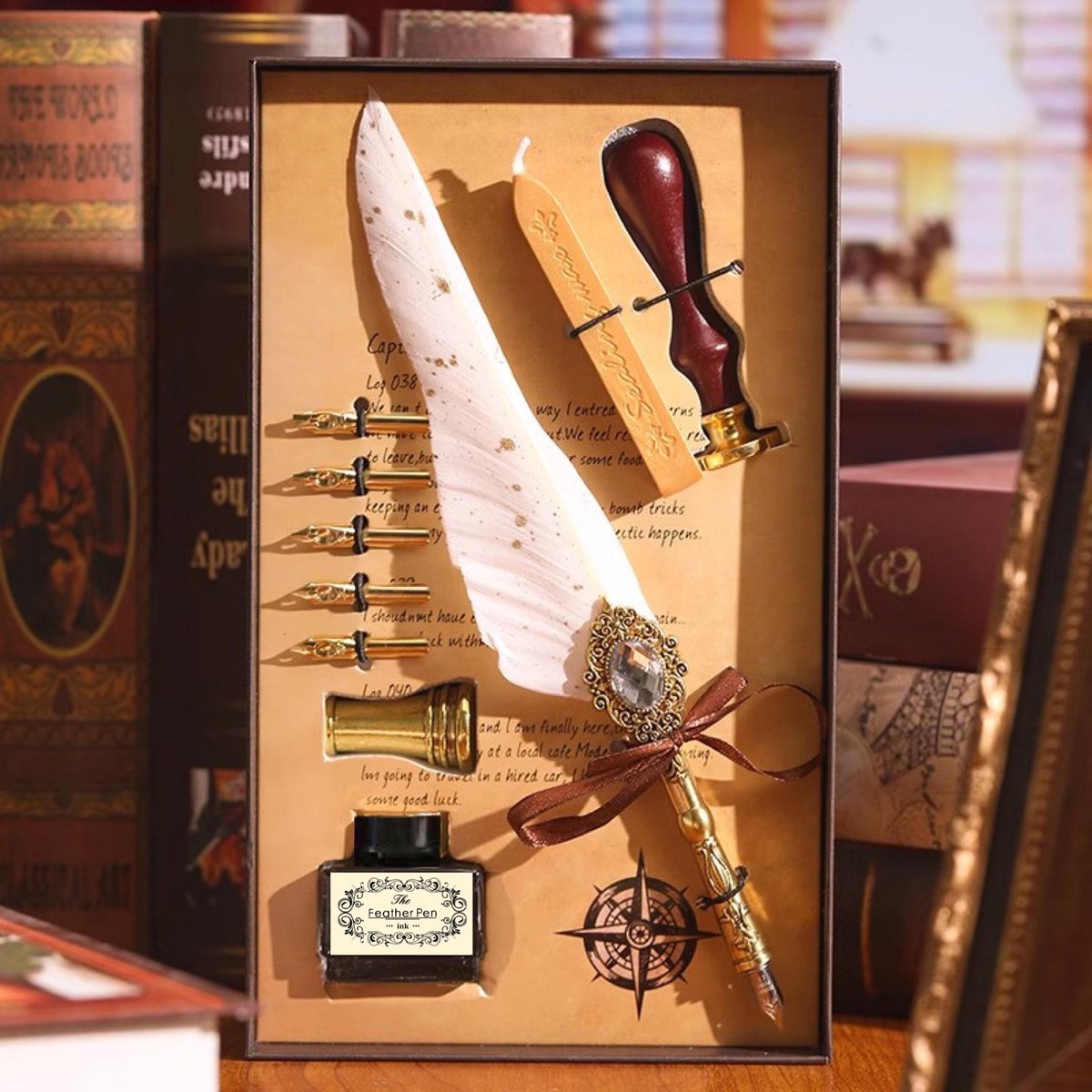 Casalora® Magische Edelsteen Verenpen Set – 10 Delige Vintage Vulpen Cadeauset met Veerpen, Penhouder, 5 Verwisselbare Pennenpunten, Lakzegel & Zwarte Inkt – Luxe Schrijfset voor Creatief Schrijven, Decoratie en Cadeau