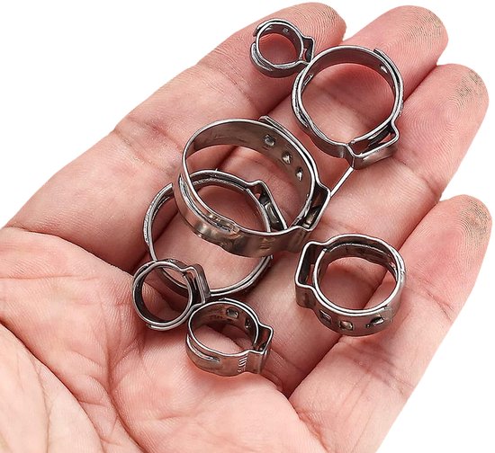 Set slangklemmen - Oorvormige slangklemmen - Met blauwe klemtang - Slangbevestigingen - Voor buizen en slangen - Metaal - 170 stuks - Zilver — afbeelding 5