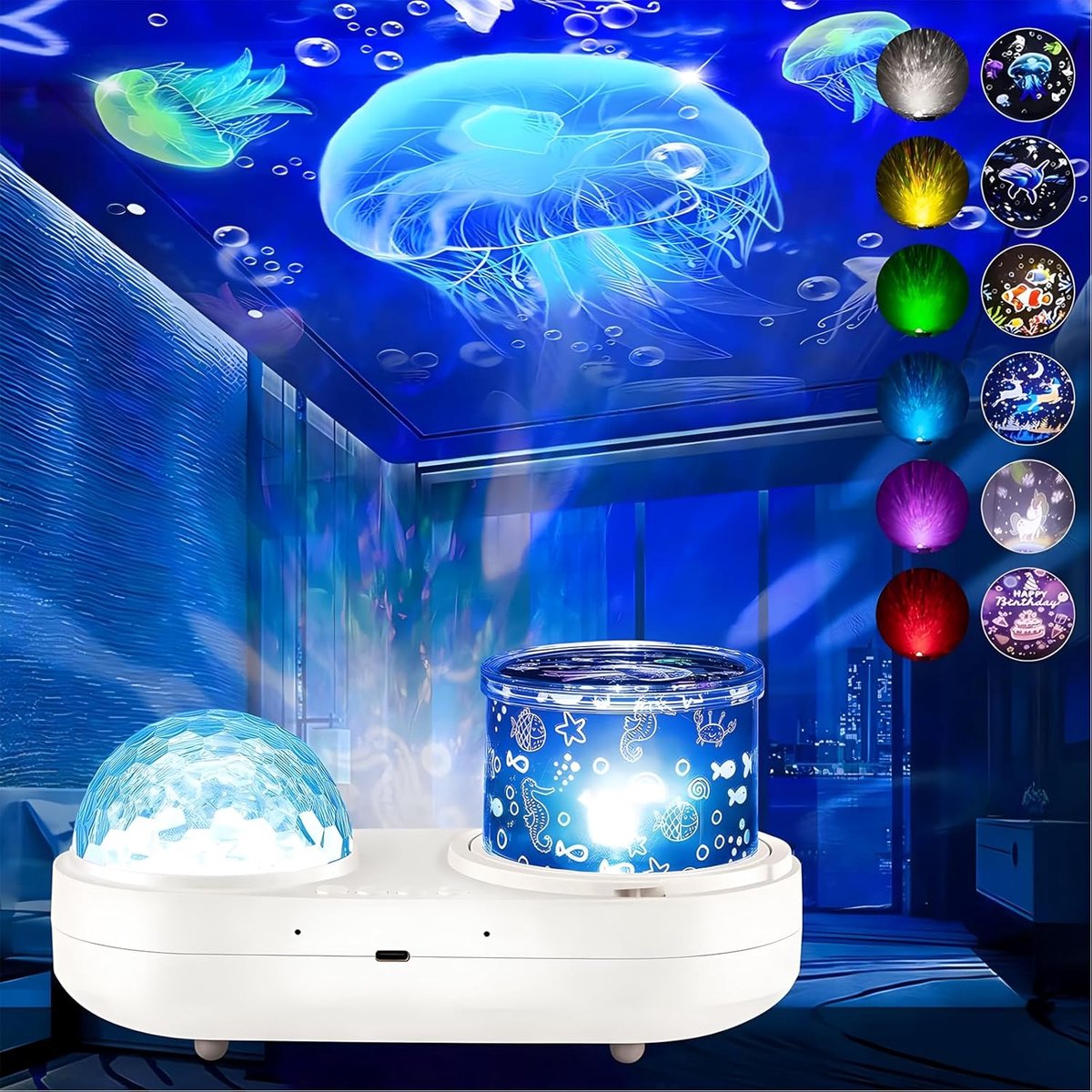 Ocean Kids Nachtlamp Projector, 360° Draaiende Kwallenlamp Projector met 7 Films & Timer en Sensorische Lichten, Plafondprojector voor Baby- en Peuterkamer, Verjaardags- en Kerstcadeau voor Kinderen en Volwassenen