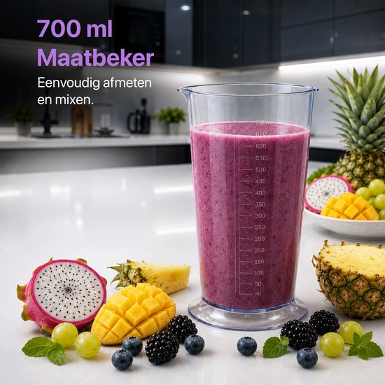 Heinner Staafmixer Set - 600W - 5 Snelheden - Turbo Functie - 700 ml Maatbeker - Hakmolen - Garde - RVS Staaf - Wit/Violet van Heinner — afbeelding 3