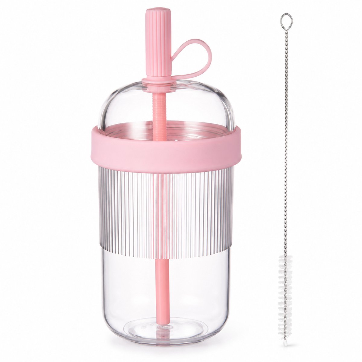 VHV - Waterfles - Waterfles beker voor dames- - Reisbeker met Rietje - 540 ml Transparante Drinkbeker van Tritan - BPA-vrije Reismok voor Ijskoffie, Bubble Tea en Matcha - Lekvrije Bekers - Pastelroze