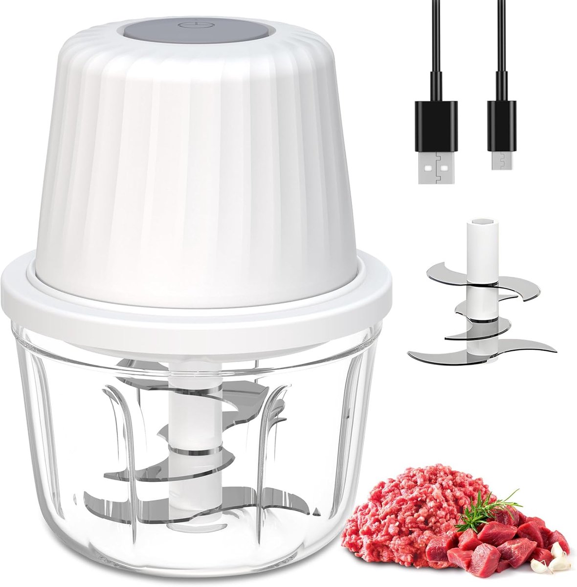 carmdering - Mini Food Chopper Cordless - Draadloze Mini Hakmolen - Elektrische Versnipperaar - USB Oplaadbaar - 6 RVS Messen - PP Kunststof - Ideaal voor Reizen en Camping - 1 Stuks