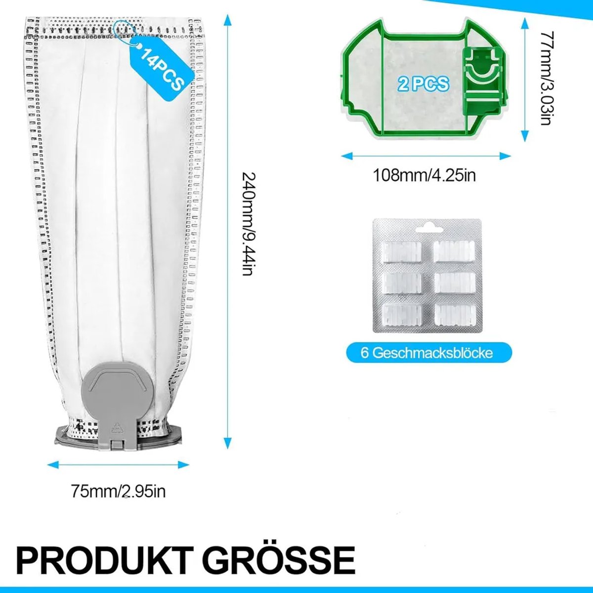 Deze set bevat 14 stofzuigerzakken, 2 filters en 6 geurblokjes Geschikt voor de VK7 FP7 stofzuiger; een hoogwaardige set stofzuigerzakken Geschikt voor Kobold stofzuigers.