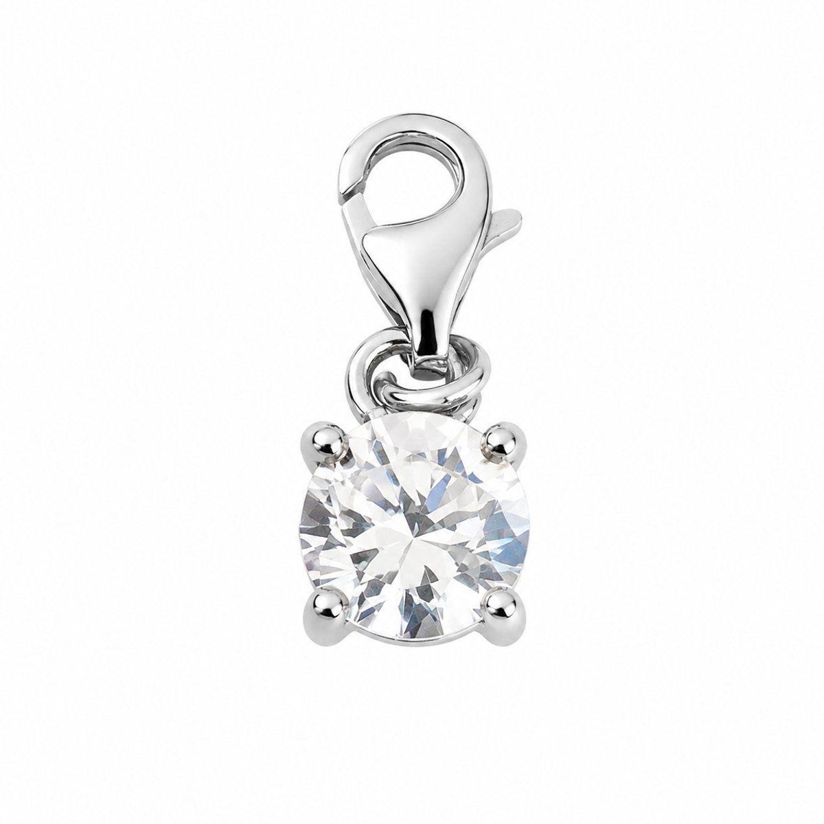 925 Sterling Zilveren Bedel met Zirkonia – Ronde Fonkelende Steen – Bedeltje met Karabijnsluiting – Voor Armband of Ketting