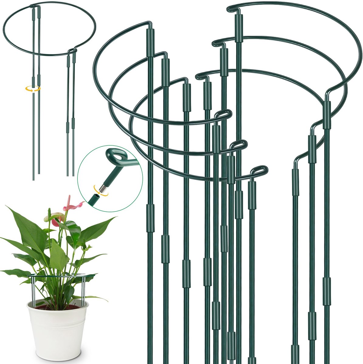 Famanu – 6 stuks plantenstokken van 25 x 60 cm, groene halfronde plantenstekers voor ondersteuning van tuinplanten, perfect voor hortensia's, pioenrozen en vaste planten