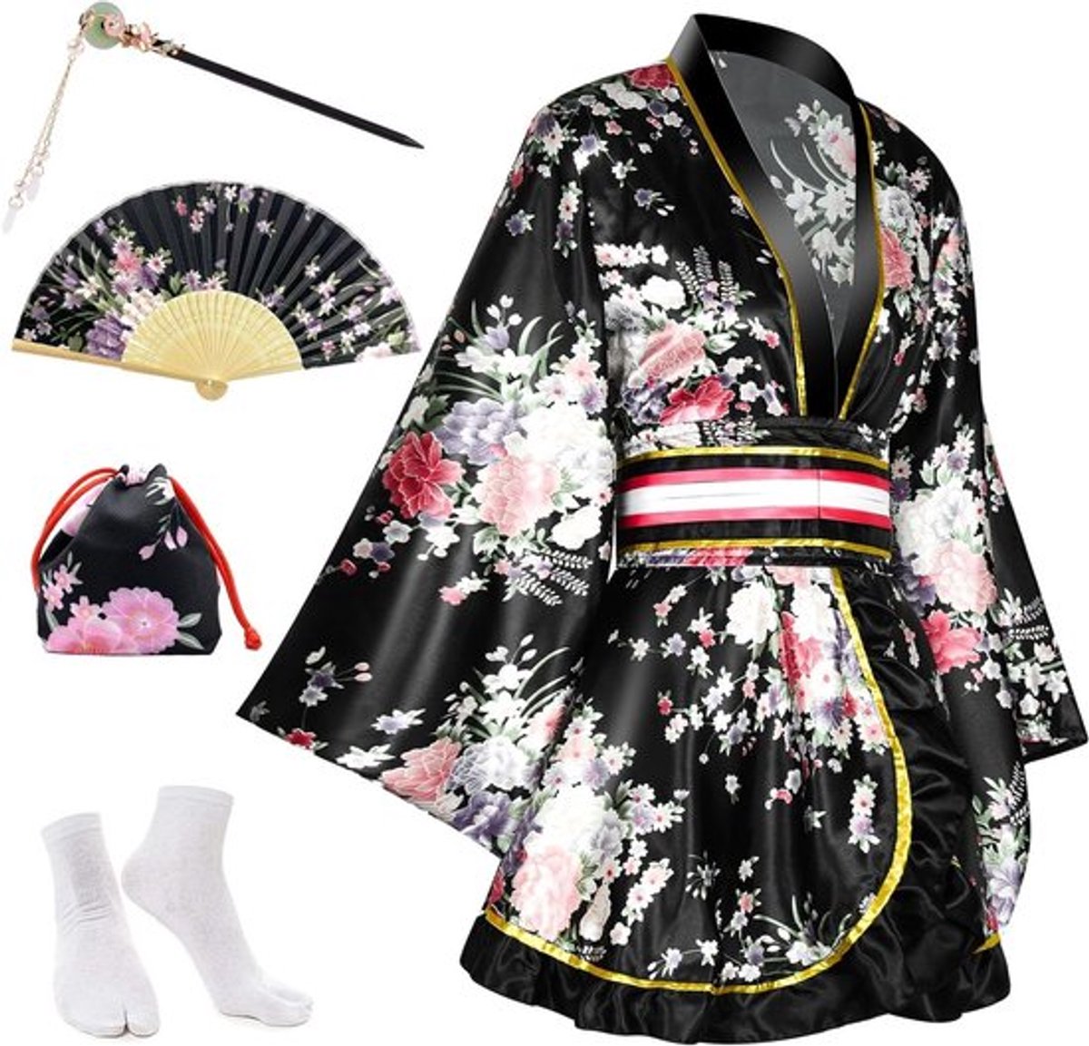 5-delige Dames Japanse Kimono Badjas Korte Kimono Jurk Bloemenprint Sexy Geisha Yukata Satijnen Badjas met Accessoires voor Comfort en Stijl