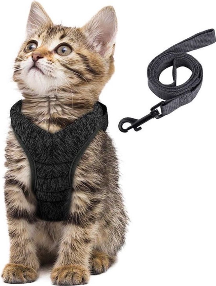 Kattentuigje, kattenharnas met lijn, onbreekbaar, harnas voor katten puppyharnas, zacht, zwart, S