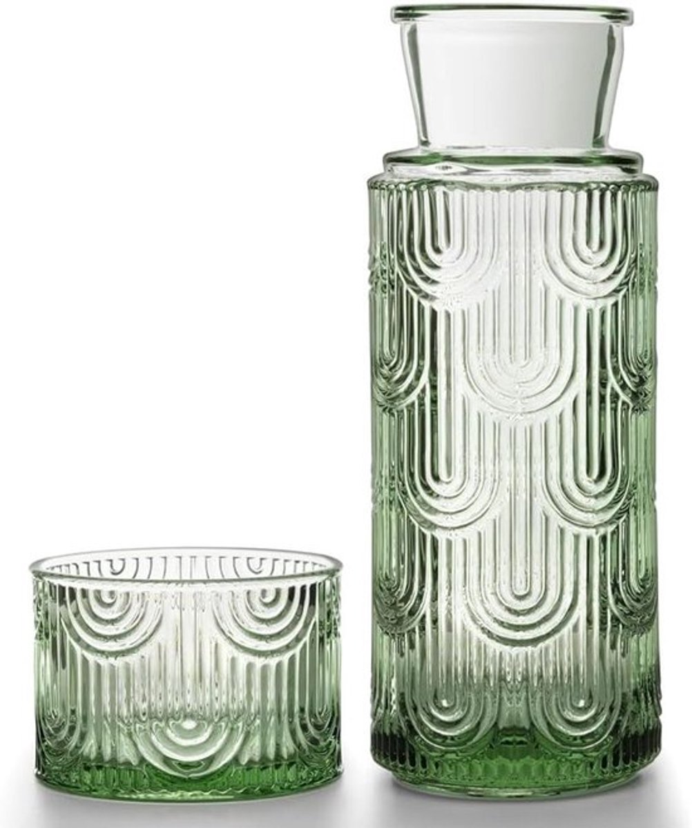 Stijlvol glazen nachtkastje met waterkaraf set en beker, perfect voor logeerkamer en badkamer, 630 ml (groen)