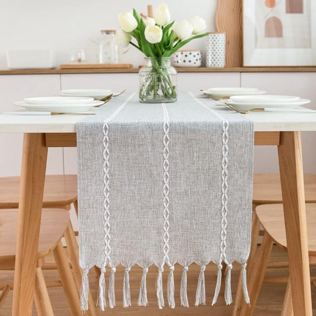 tafelloper - decoratief - feestelijk grijs boho tafelband landhuisstijl 170 cm polyester - stevig - duurzaam tafelloper met kwast