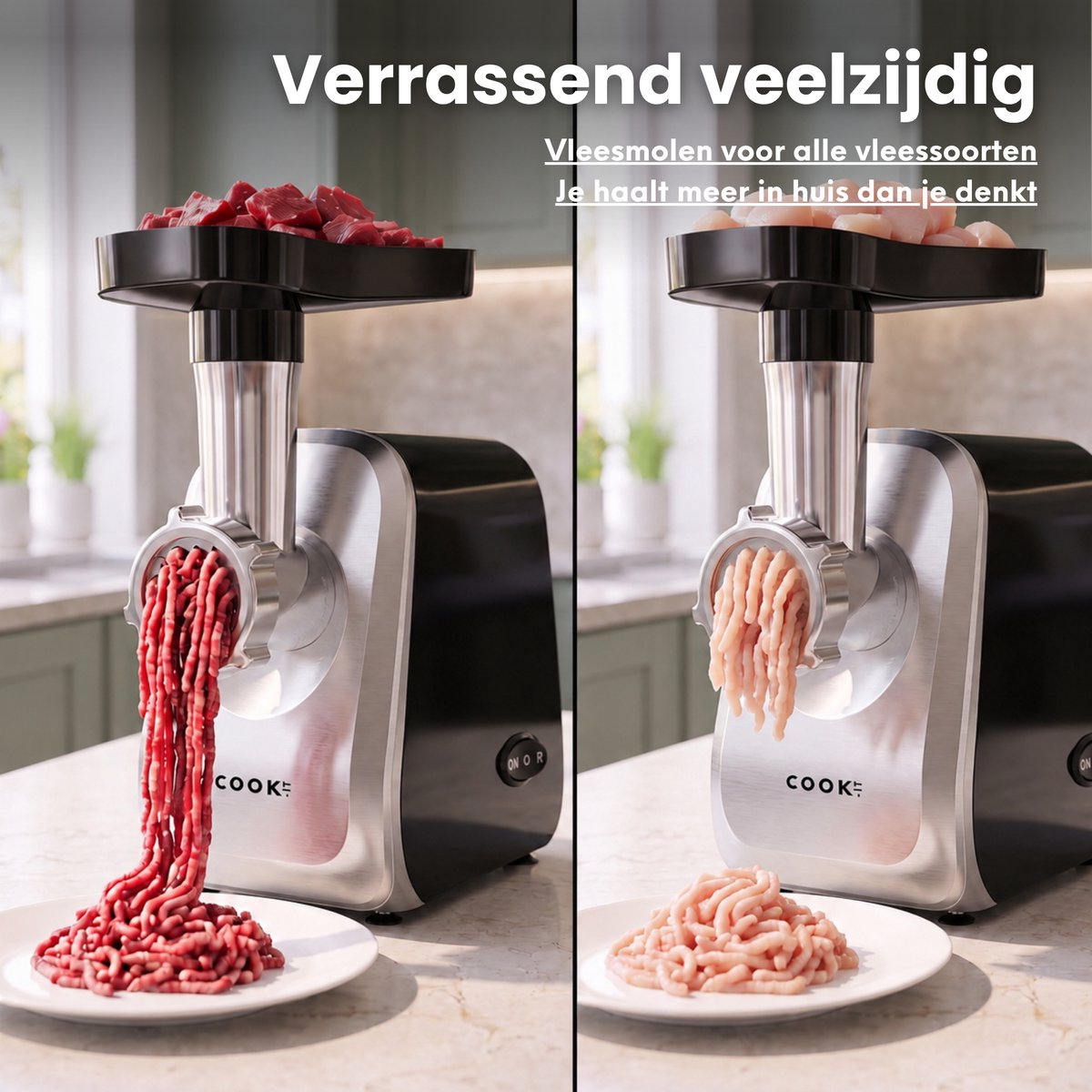 COOK-IT Elektrische Vleesmolen – Gehaktmolen 1300W – 3 RVS Maalschijven – Reverse Functie