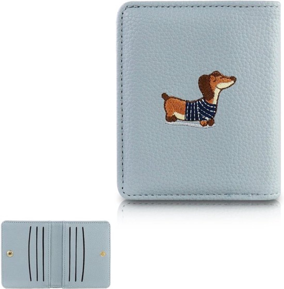 Kleine PU leren damesportemonnee met teckel borduurwerk, mini portemonnee voor vrouwen en meisjes, 8 kaartsleuven en 1 banknote sleuf, blauw en eigentijds ontwerp