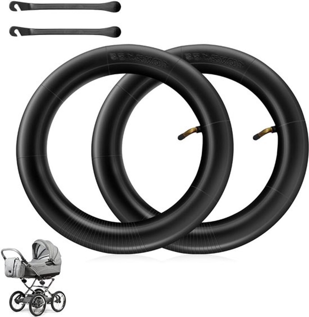 2x 10 inch binnenbanden met 45° hoek en 2 bandengeleiders voor kinderwagens en bolderkarren