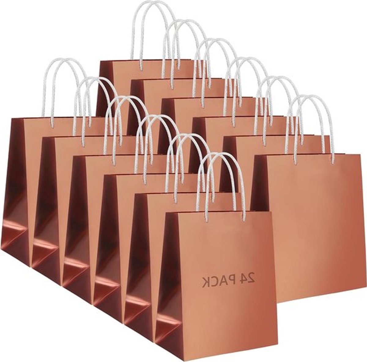 Papieren cadeauzakken - Set van 24 - Roze goudkleur - Met witte handvatten - Voor verjaardag en babyshower - Geschikt voor feesten - H23,2 x B20 cm - Luxe cadeauverpakking met gedraaide handvatten