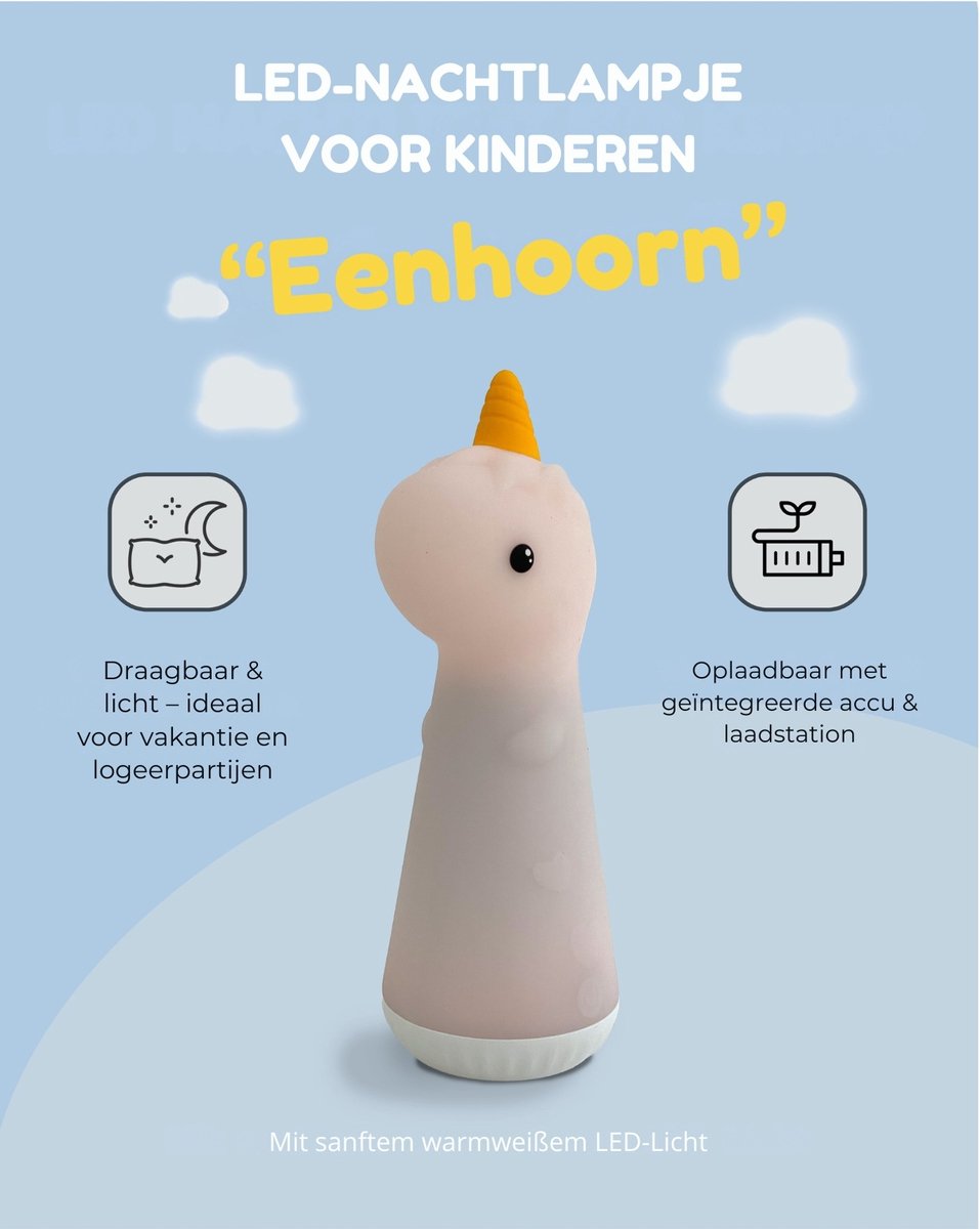 Eenhoorn zaklamp en nachtlampje 2-in-1 – een vertrouwd lichtje voor onderweg en bij het slapengaan – LED-lamp met dimfunctie, oplaadbaar via USB-C, van zacht siliconen zonder koord, zelfstaand, voor slapen en de kinderkamer