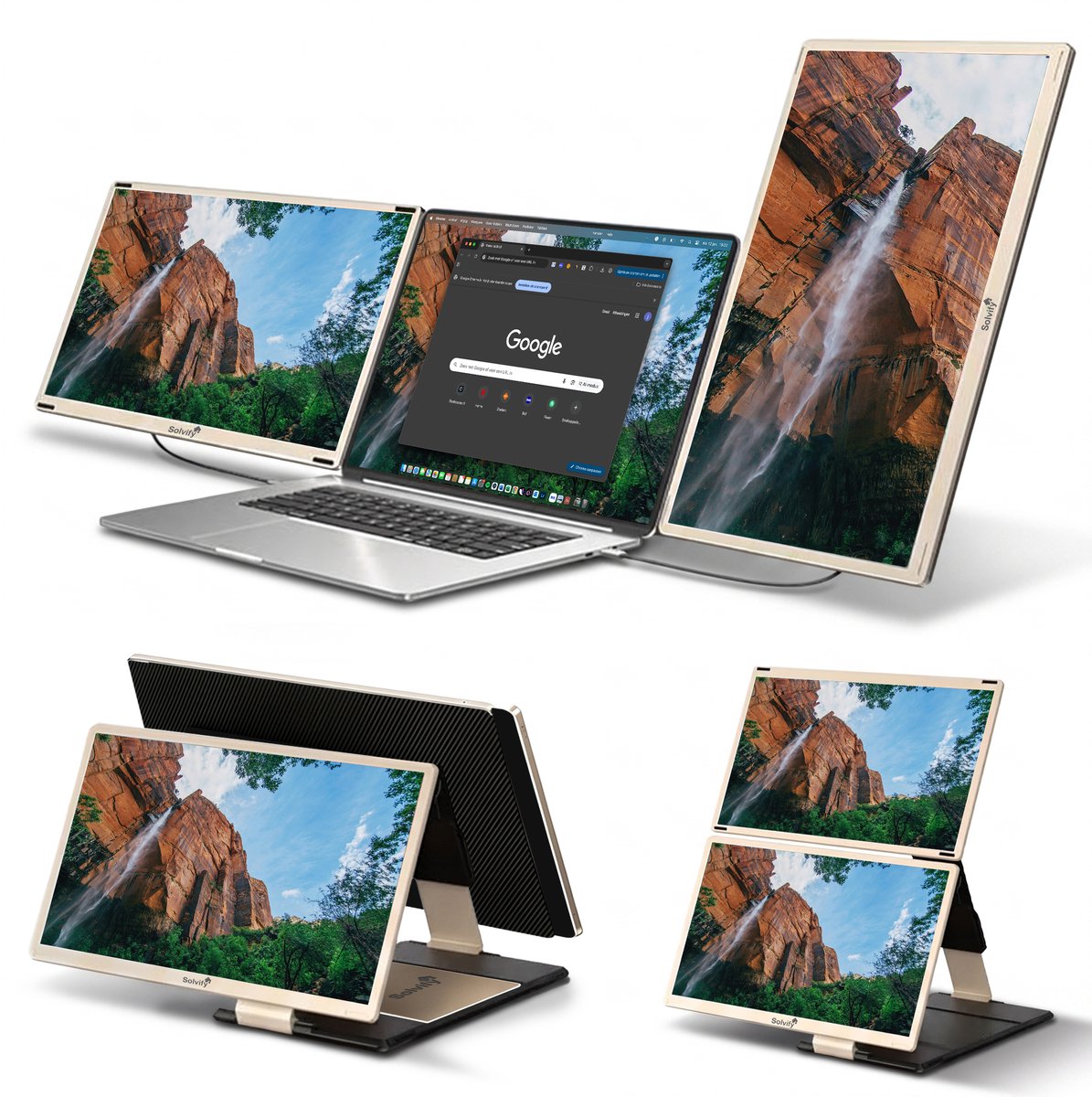 Portable Monitor 2x 15,6 inch Full HD - Tri Screen Laptop Scherm Uitbreider - Extra Scherm Laptop - Draagbare Monitor - Plug & Play - Solvify
