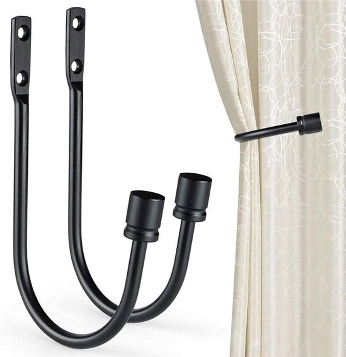 Gordijnhouders - Metalen - U-vormig - Gordijnaccessoires - Decoratief - Geschikt voor - Gordijnen - Zwart 2 stuks gordijnhouders, U-vormige metalen haak voor gordijnhouders, gordijnaccessoires, decoratieve gordijnhouder (zwart).