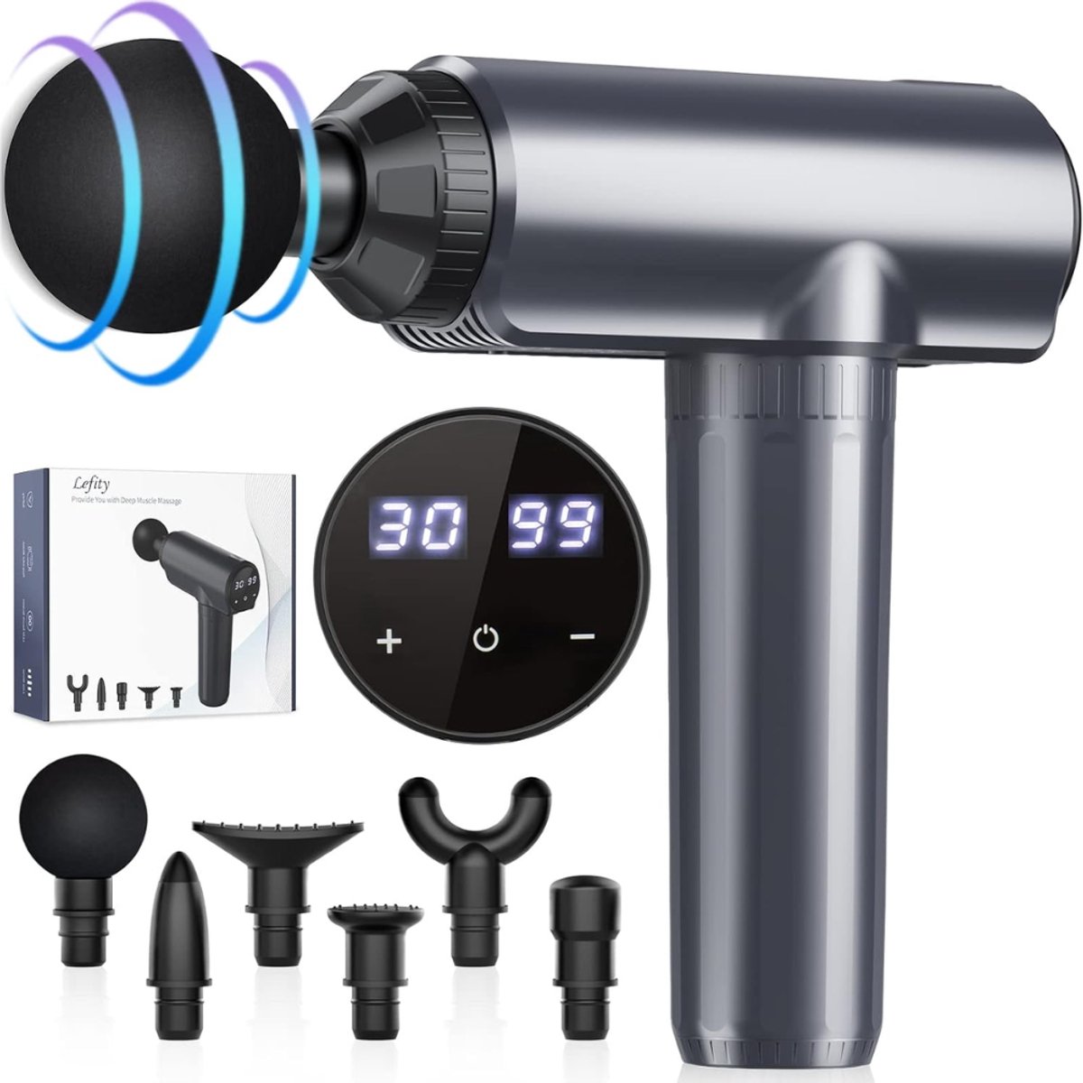 Lìon® Massagengun - Massage Pistool - Massage Gun - Grijs - 19cm x 18cm x 6cm