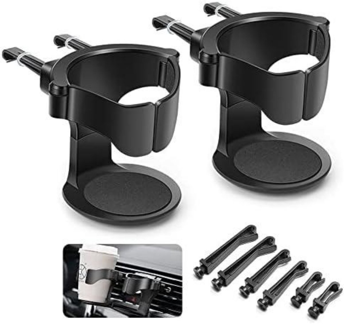 SSTRWGOOD Autodrinkhouder - 2 Stuks - Universele Bekerhouder voor Auto - Verstelbare Luchtventilatiehouder met Antislipmatje en Regelbare Steunarm (2,5 cm) - Geschikt voor Flessen tot Ø9,5 cm - ABS Materiaal - Incl. 3 Paar Uitlaatklemaanpassers