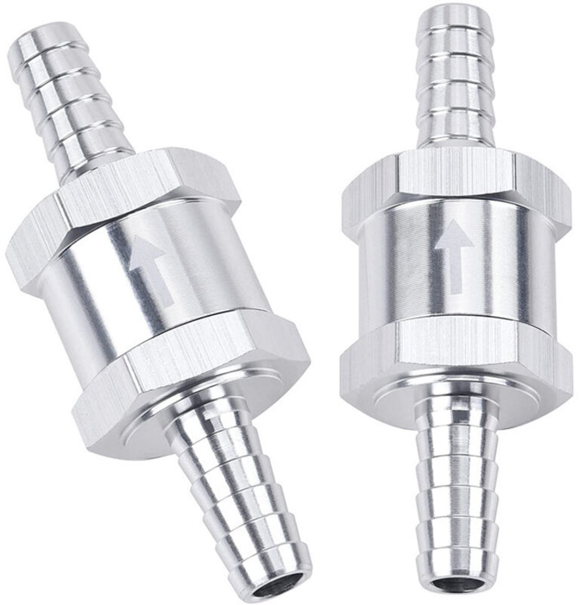 Een set van twee terugslagkleppen geschikt voor brandstofleidingen, 3/8 inch (10 mm), eenrichtingsverkeer, diesel, aluminium, zilverkleurig.