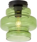 Groene glazen plafondlamp met een zwart montageblokje en een zichtbare lichtbron.
