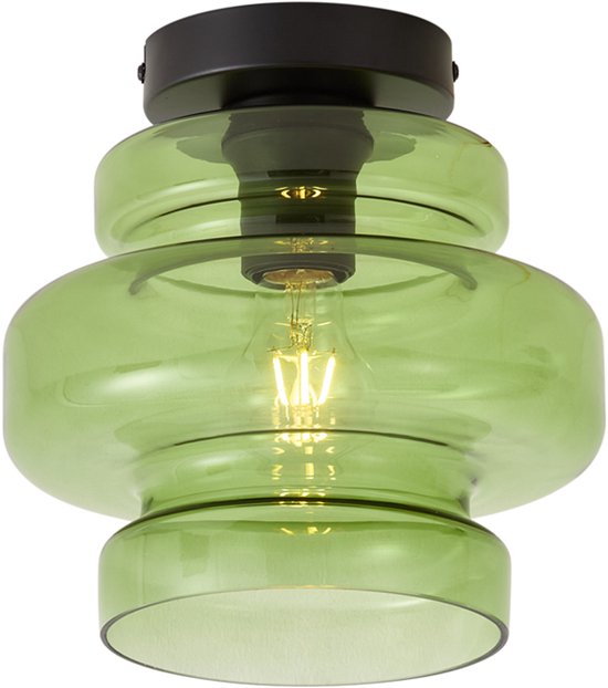 Groene glazen plafondlamp met een zwart montageblokje en een zichtbare lichtbron.